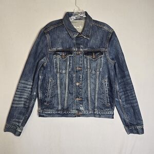 GAP 1969 Men's Trucker Jean Jacket Dark Wash Blue Denim Distressed 2015